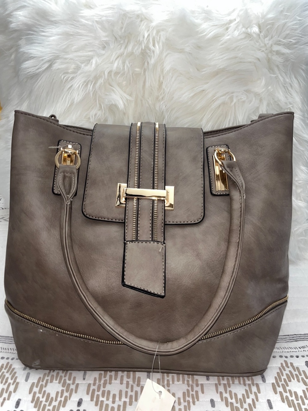 Structured Taupe Tote with Gold Accents
